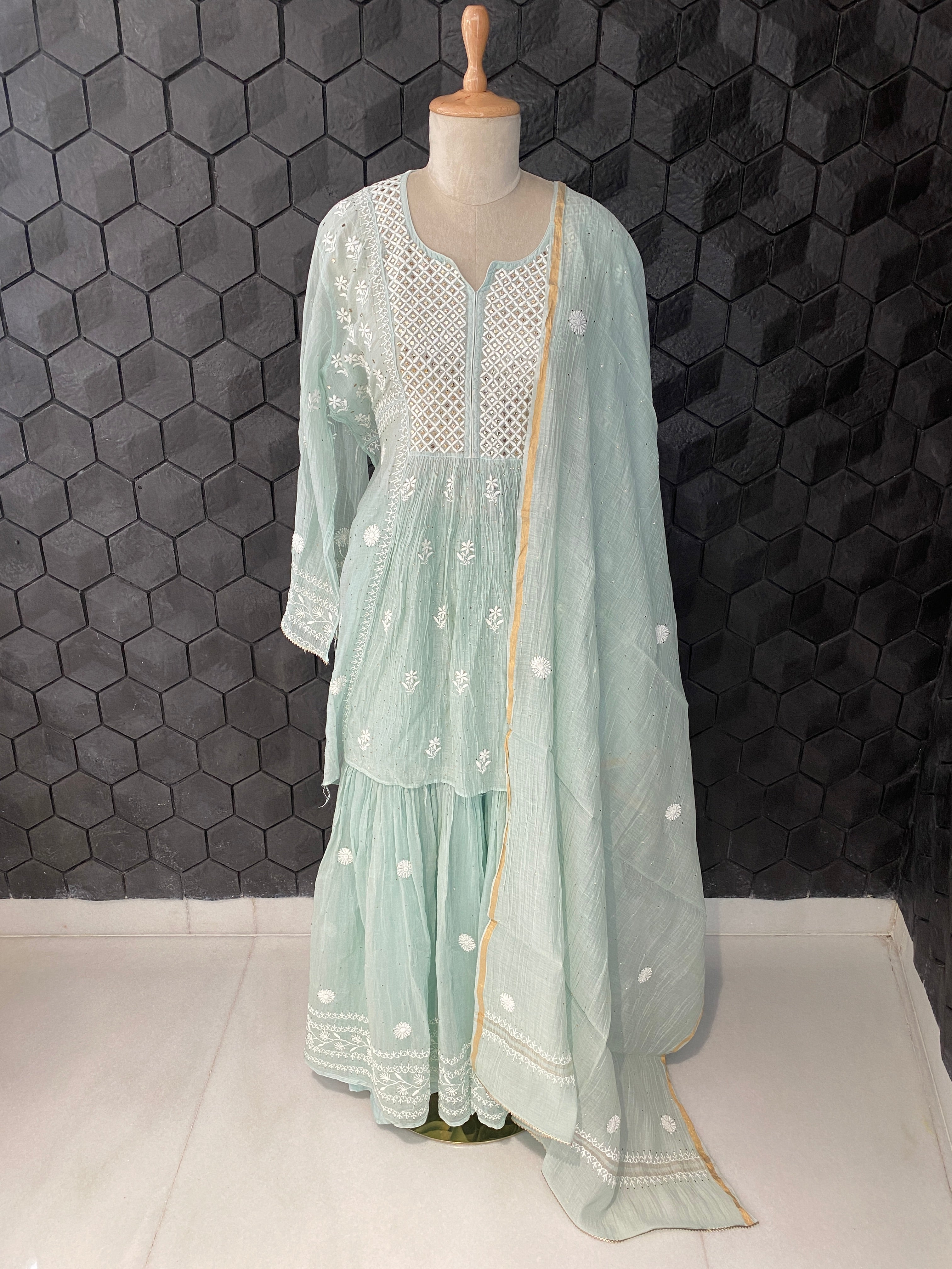 Mint Sharara Set with Chikankari and Mukaish