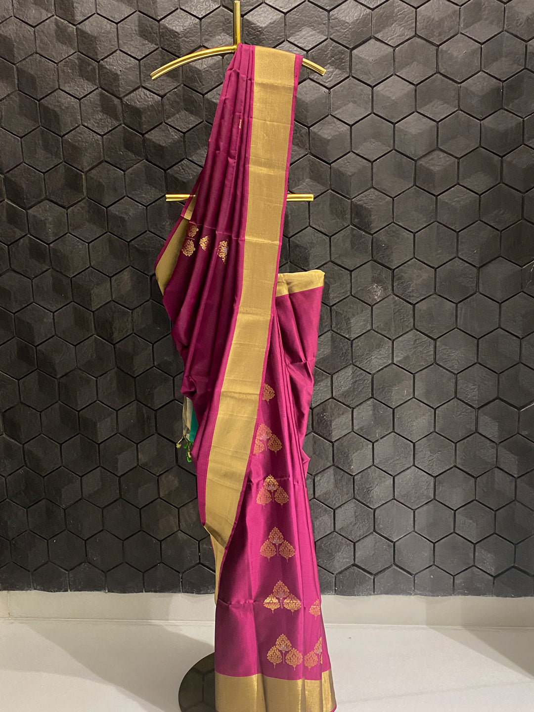 Violet silk saree with golden zari border