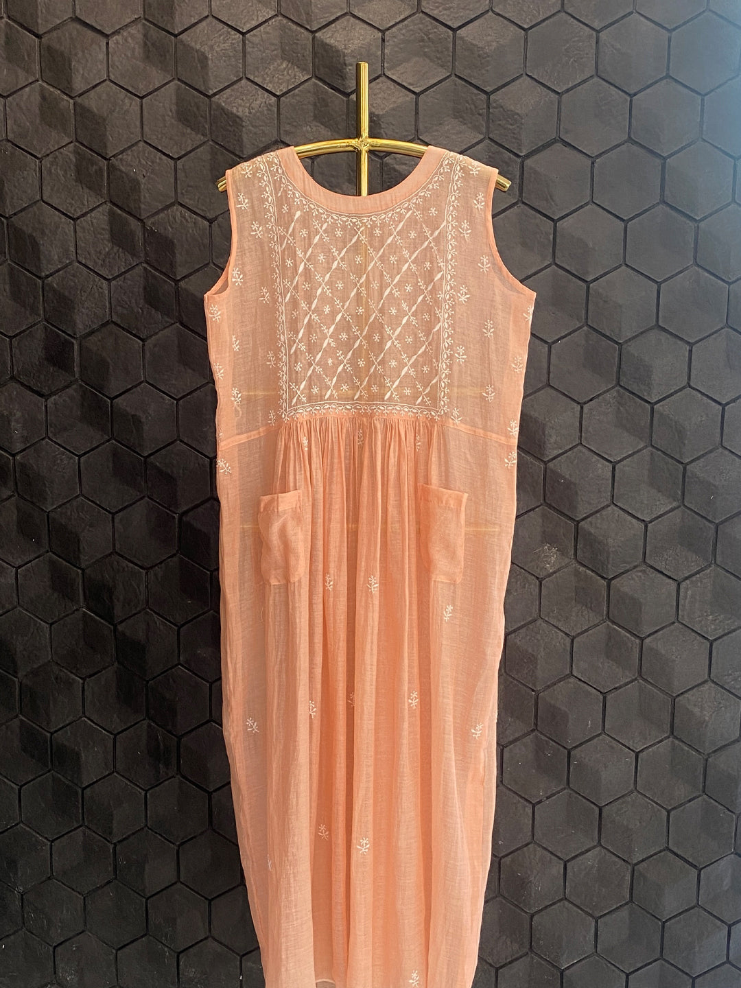 Peach Mul Chanderi Sleeveless Dress