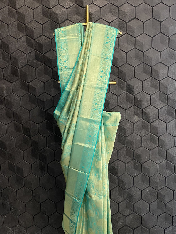 Turquoise Silk Saree With Gold Zari Work