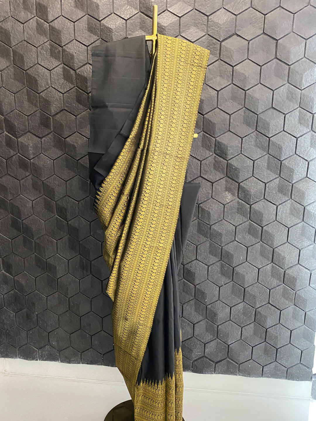 Black silk saree with golden zari border