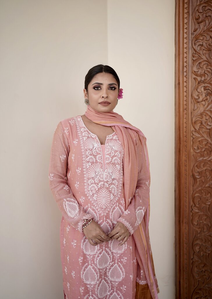 PEACH TISSUE CHIKANKARI SUIT WITH DUPATTA