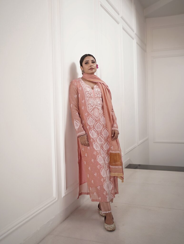 PEACH TISSUE CHIKANKARI SUIT WITH DUPATTA