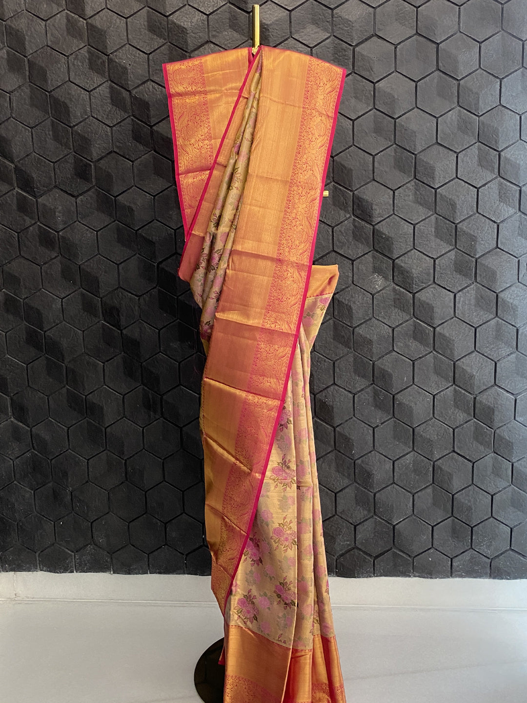 Pink Floral Silk Saree With Thick Gold Zari Border